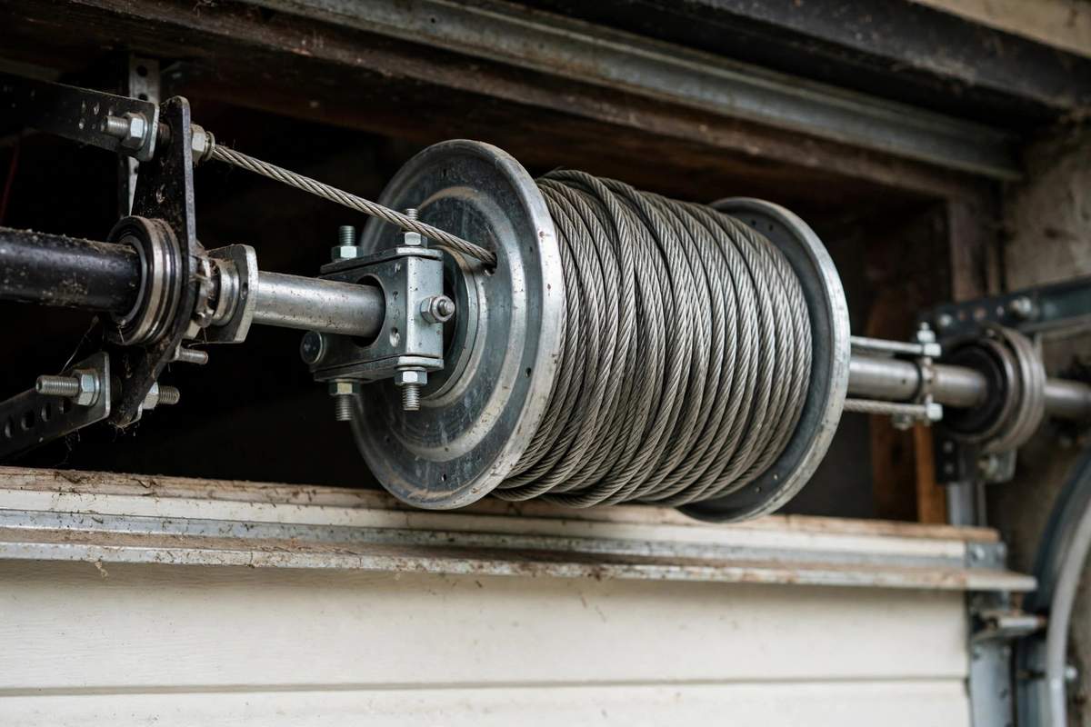 Garage door cable and drum close-up