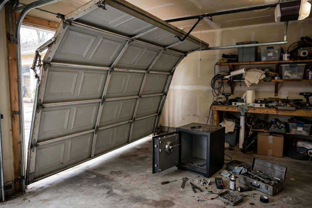 Garage door off its track awaiting repair