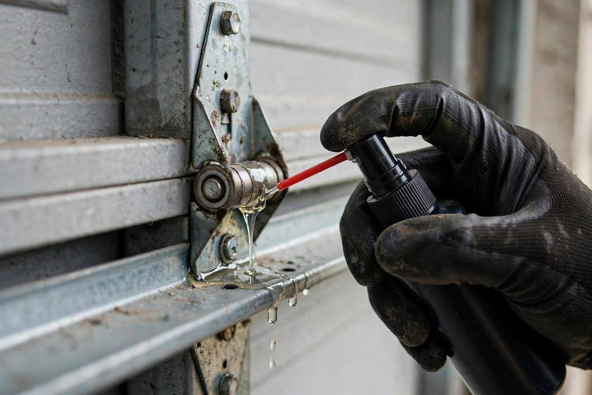 Garage door maintenance tune-up with lubricant on rollers