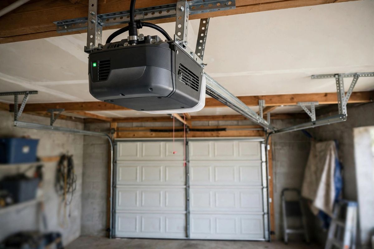 Garage door opener motor unit mounted on a garage ceiling