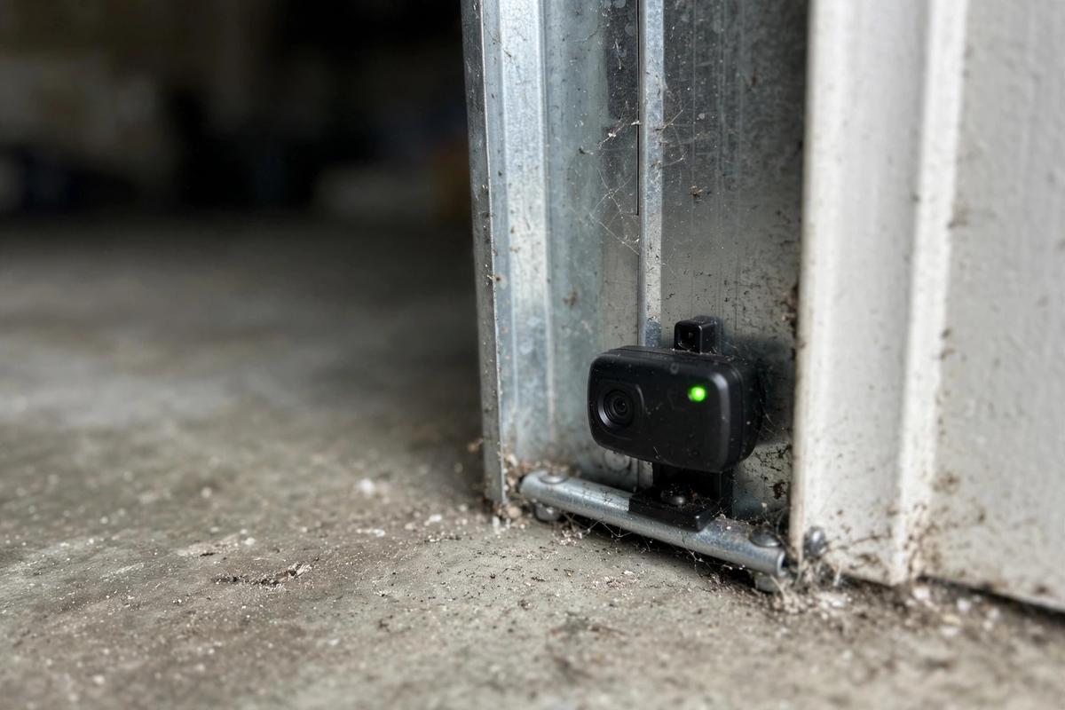 Garage door safety sensor photo-eye close-up