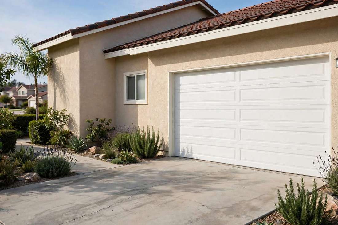 Suburban home with a closed sectional garage door in Bakersfield