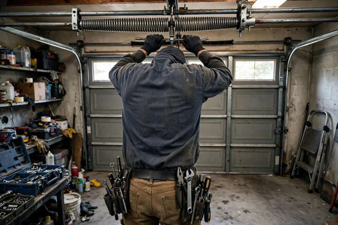 Technician servicing a garage door torsion spring
