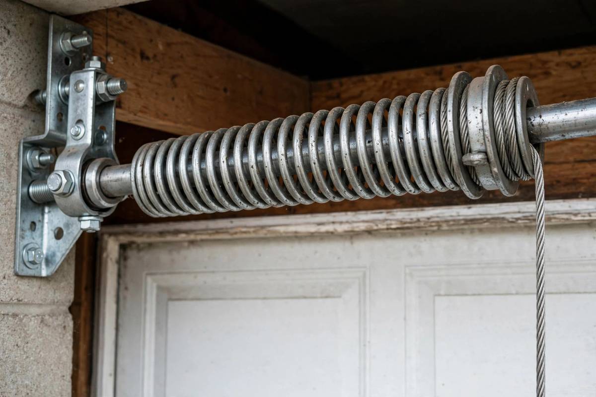Close-up of a garage door torsion spring