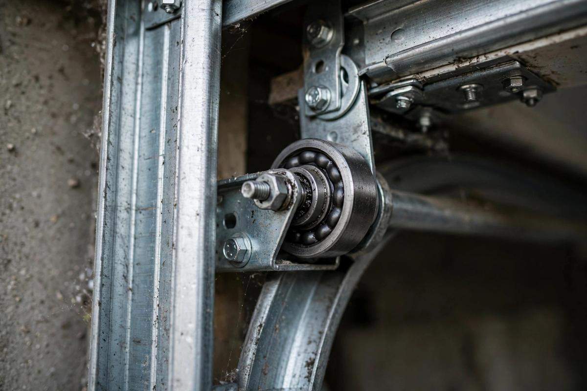 Garage door track and rollers close-up